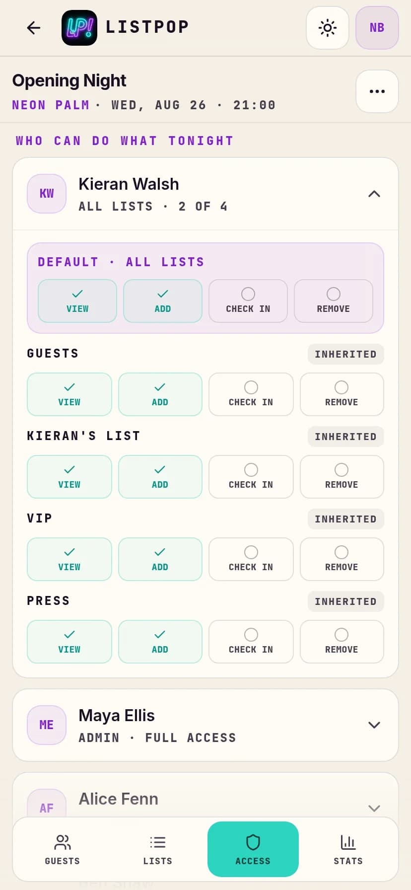 Per-person permission switches for every guest list on a night