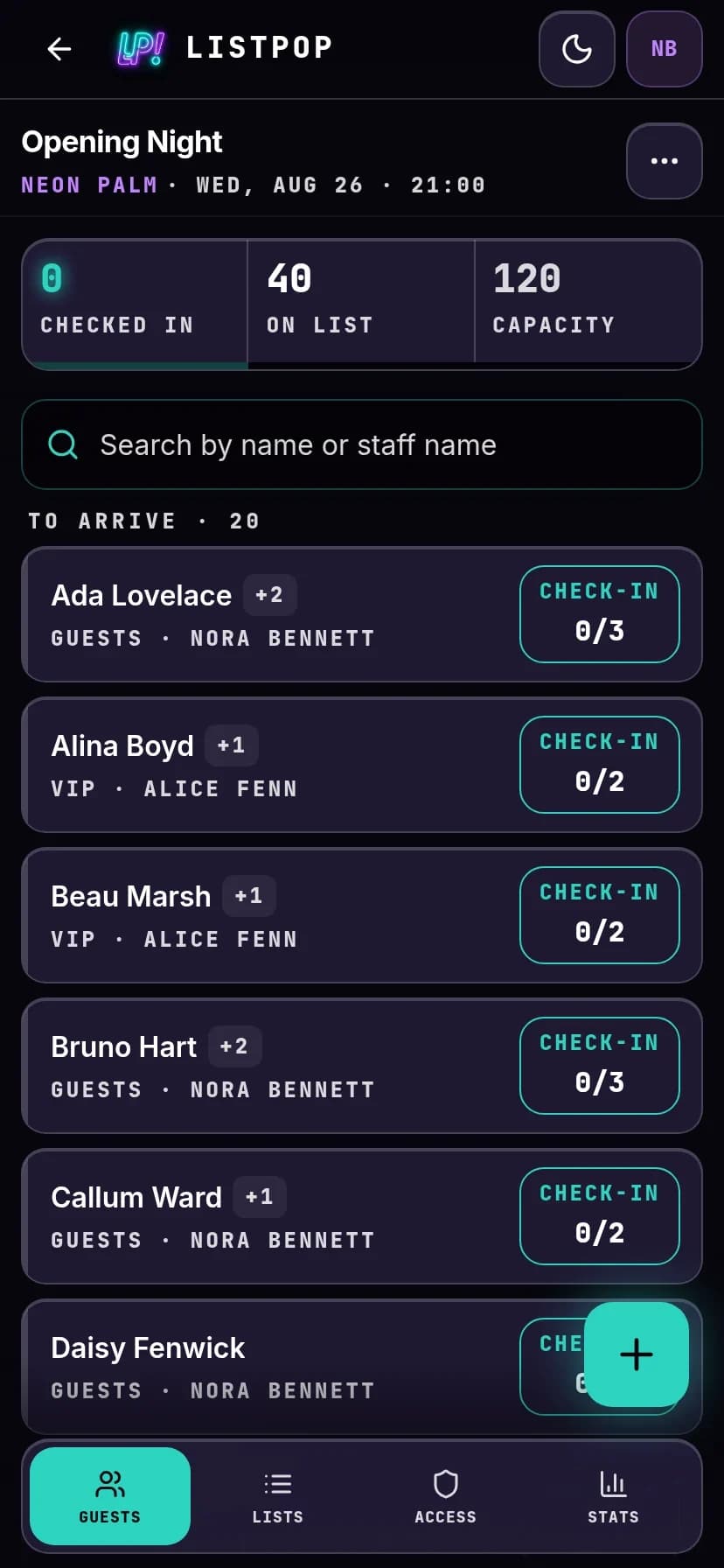 The door screen: tonight's list with check-in counters per party