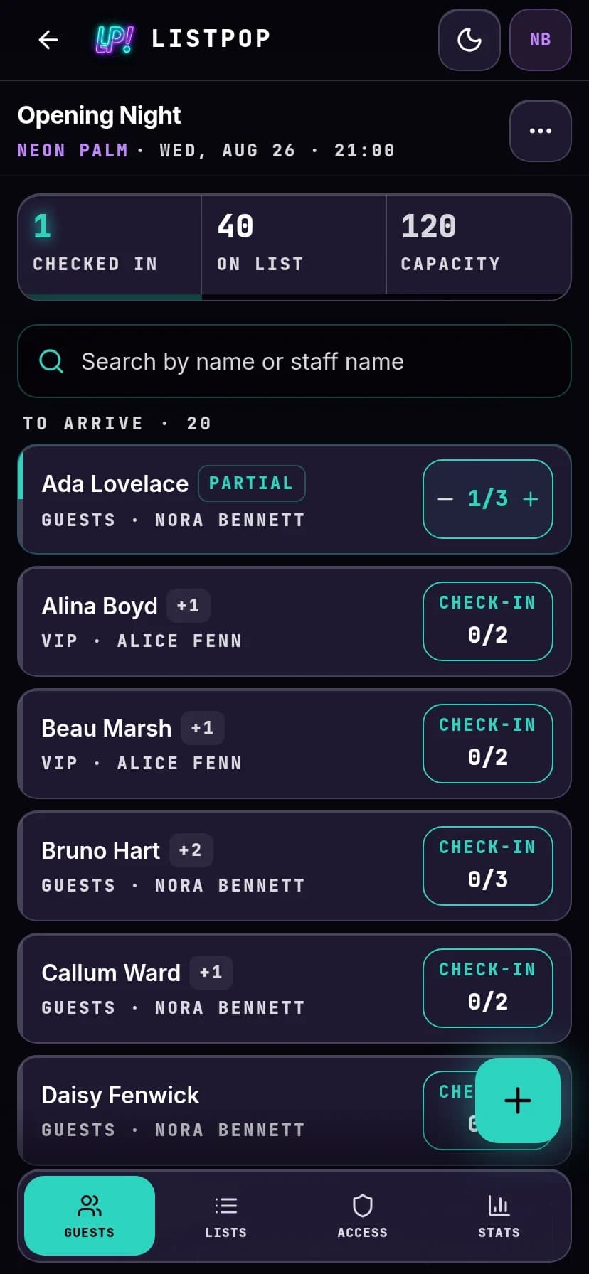 The ListPop door screen with a party part way through checking in