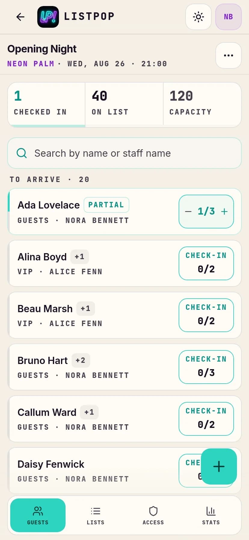The ListPop door screen with a party part way through checking in