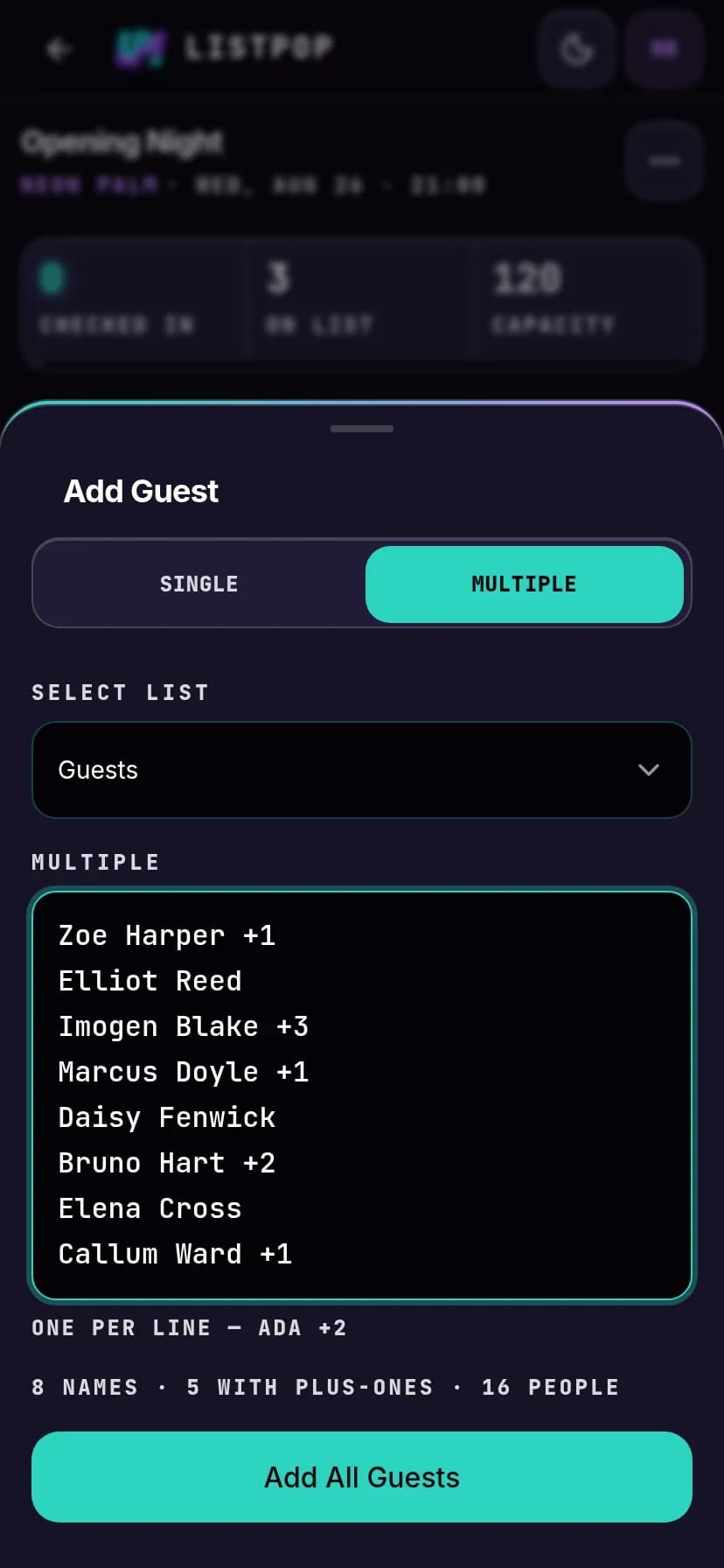 Pasting a guest list into ListPop, with a live count underneath