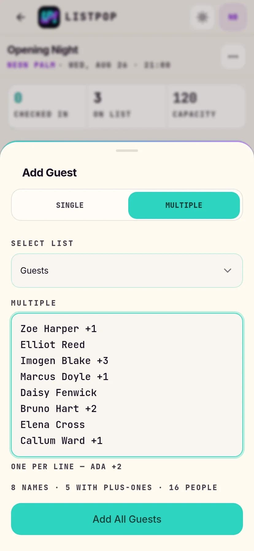 Pasting a guest list into ListPop, with a live count underneath